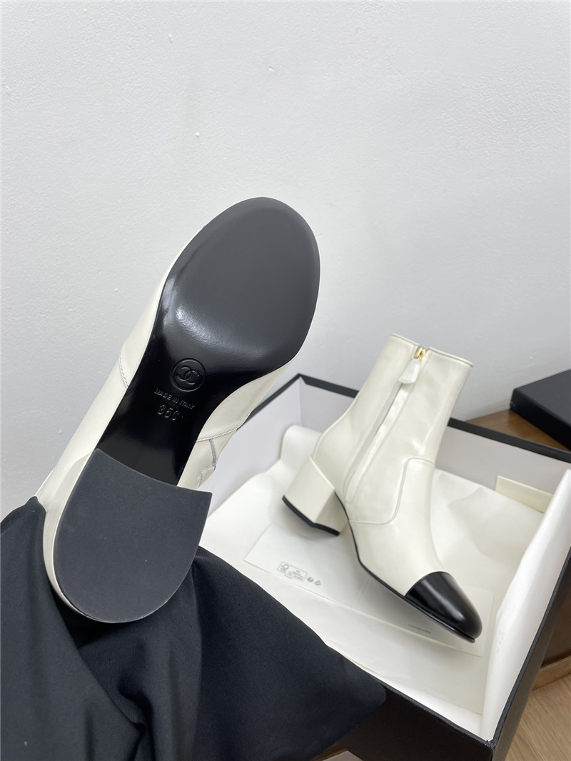 Ch**el calfskin block heel round toe ankle boots