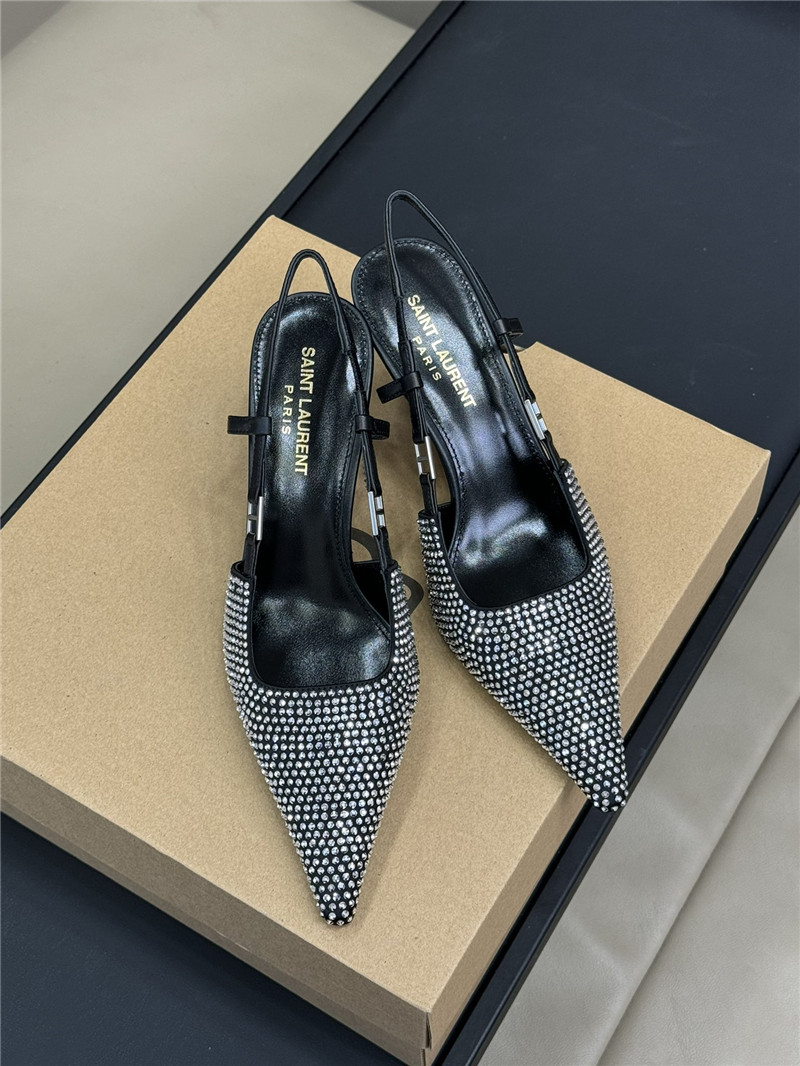 Sa1nt Lau*nt silver crystal satin slingbacks