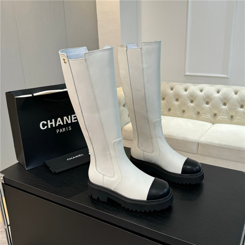 Ch**el white knee-high leather boots