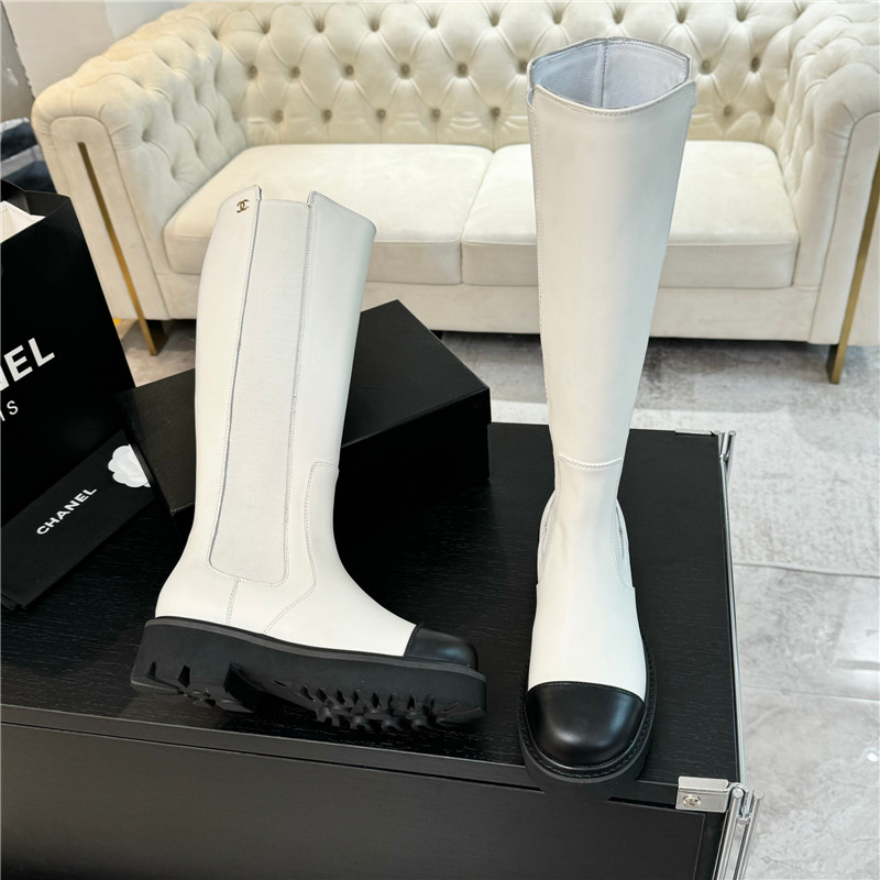 Ch**el white knee-high leather boots