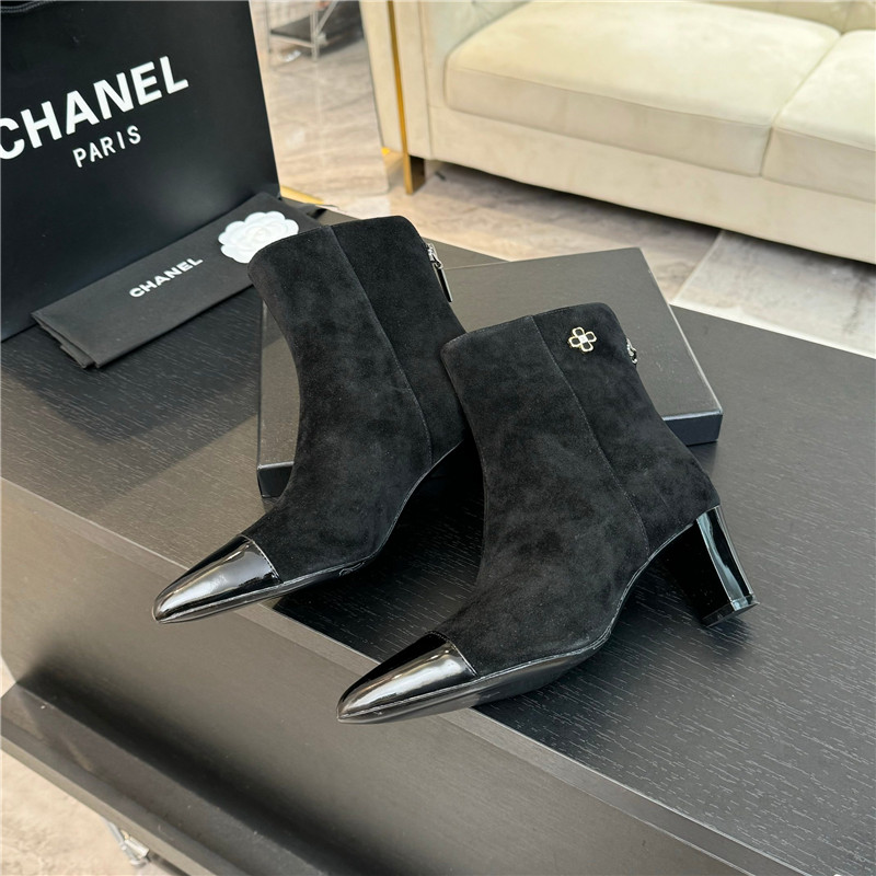 Ch**el black suede block heel ankle boots