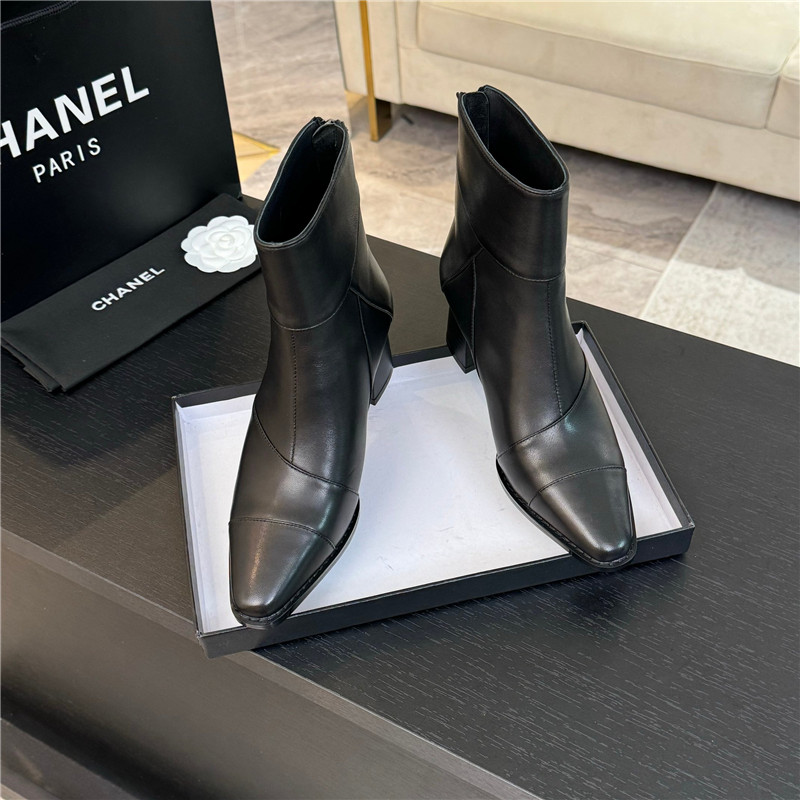 Ch**el black calfskin block heel ankle boots