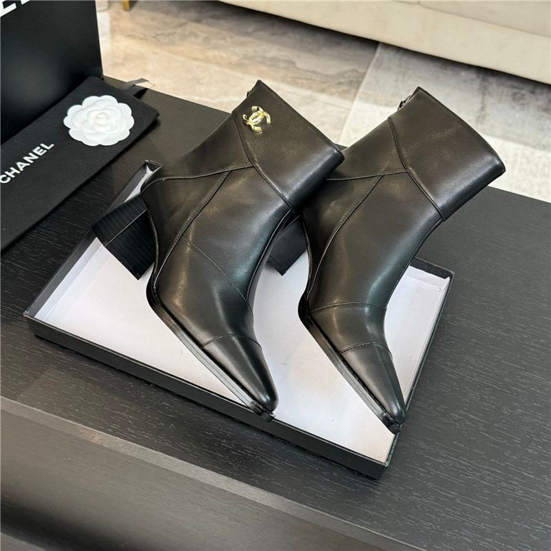 Ch**el black calfskin block heel ankle boots