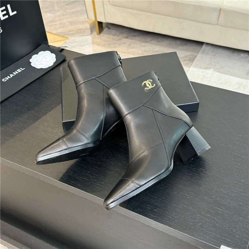 Ch**el black calfskin block heel ankle boots