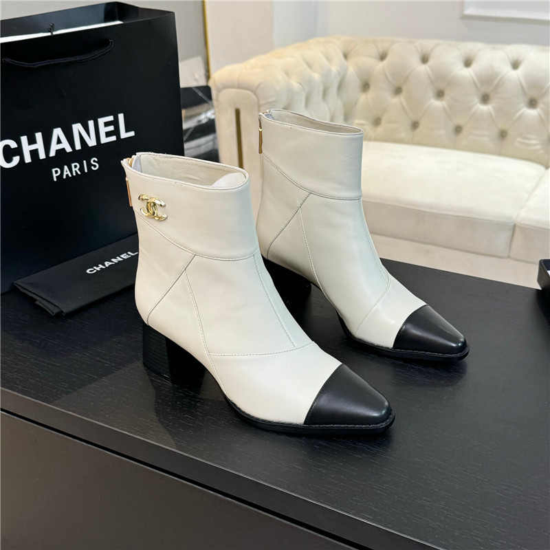 Ch**el block heel pointed toe calfskin ankle boots