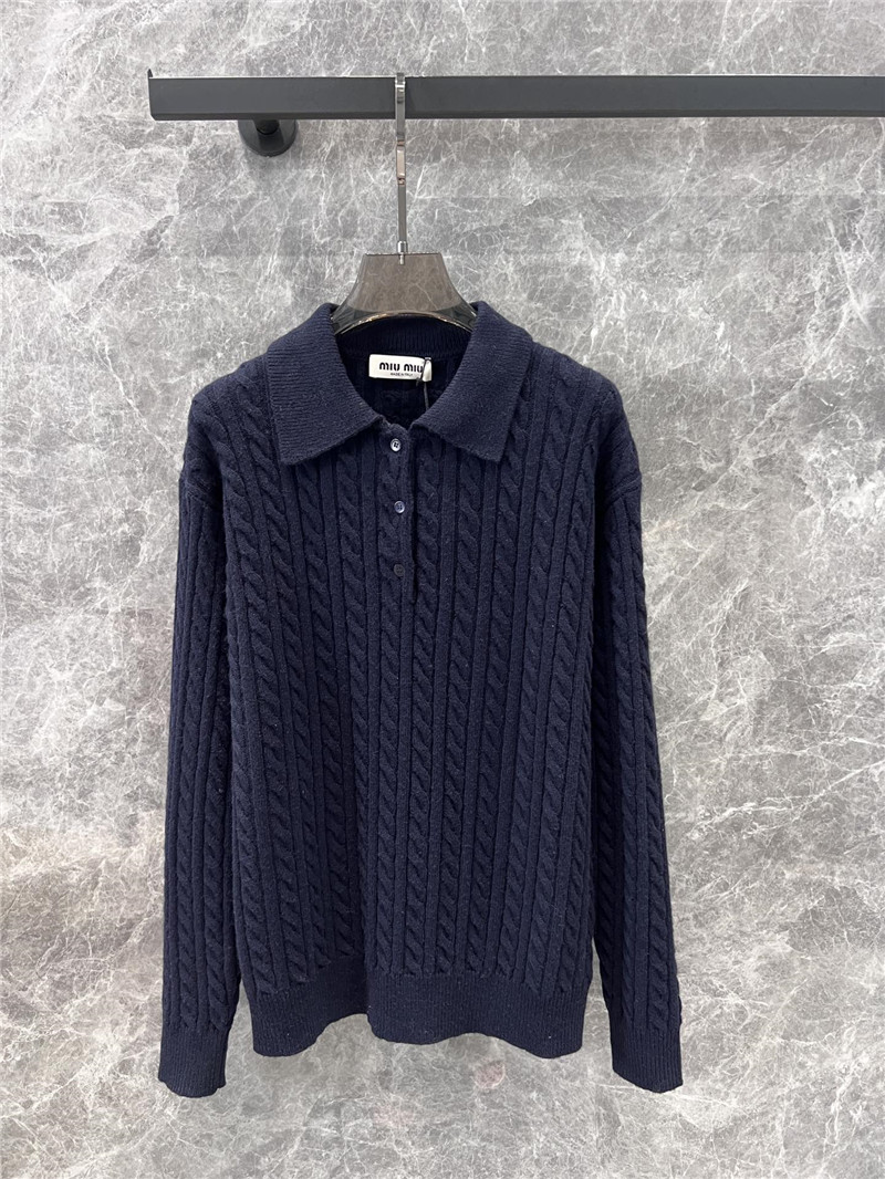 MIU MIU Navy Cable-Knit Polo Sweater