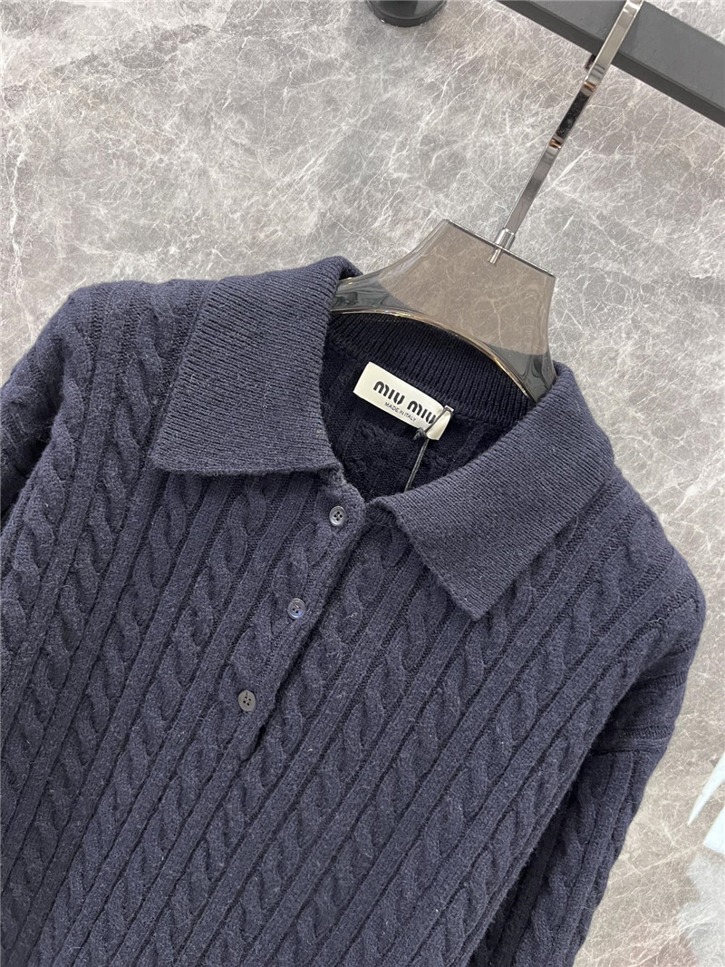 MIU MIU Navy Cable-Knit Polo Sweater