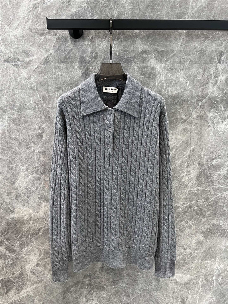 MIU MIU Cable-Knit Polo Sweater Grey