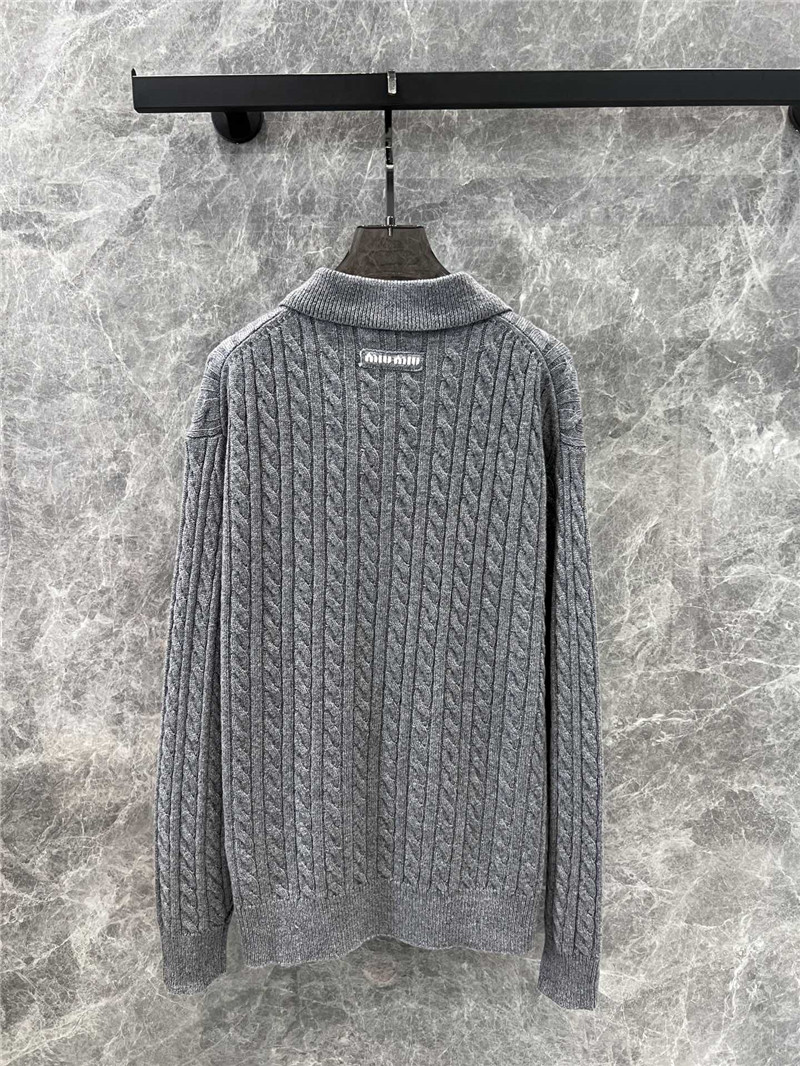 MIU MIU Cable-Knit Polo Sweater Grey