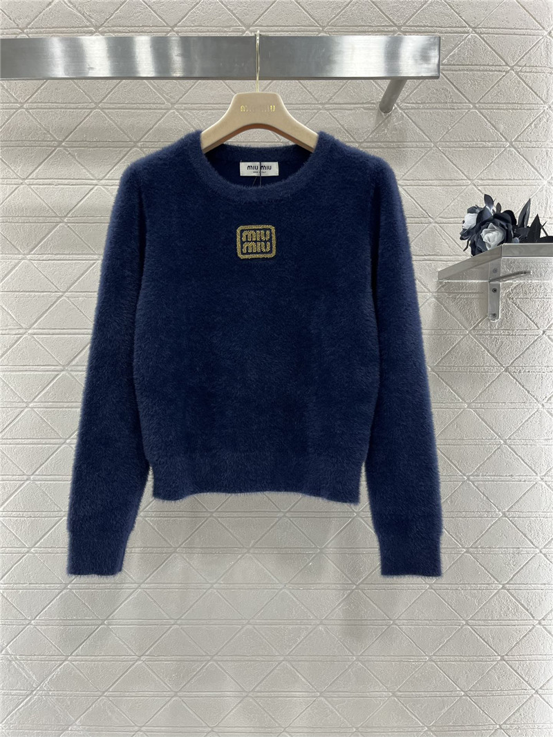 Miu Miu Navy Logo-Embroidered Wool Sweater