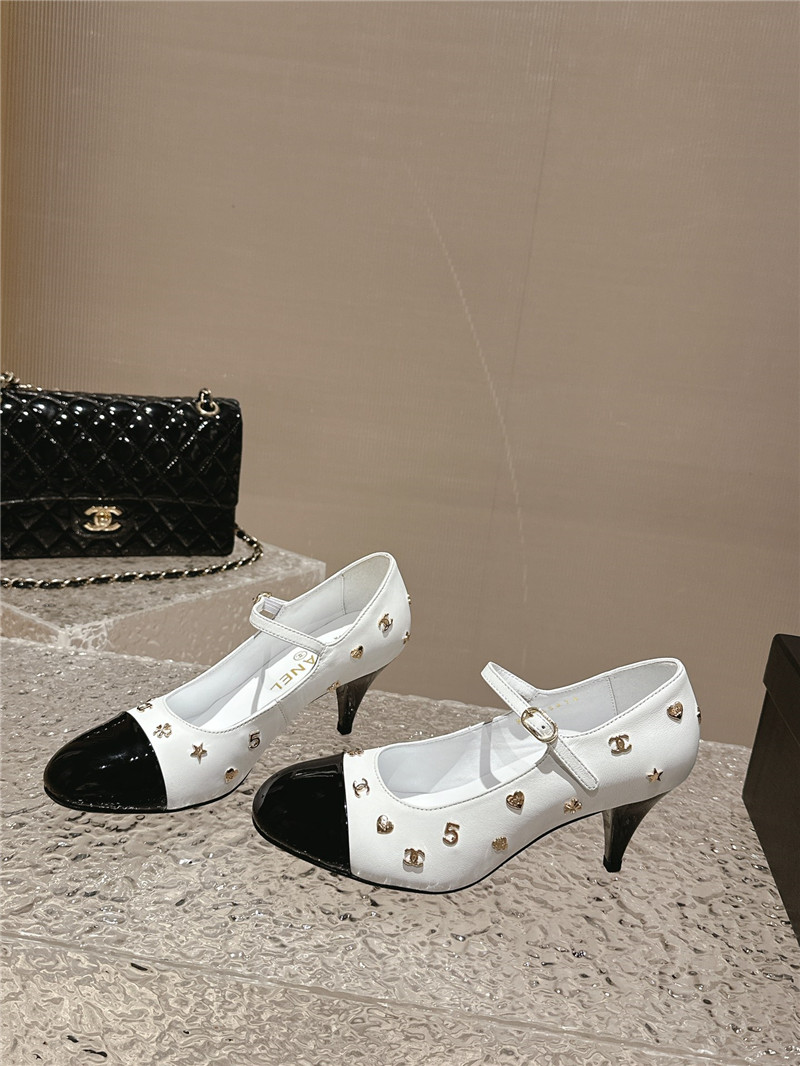 Ch**el embellished mary janes pumps in white/black leather