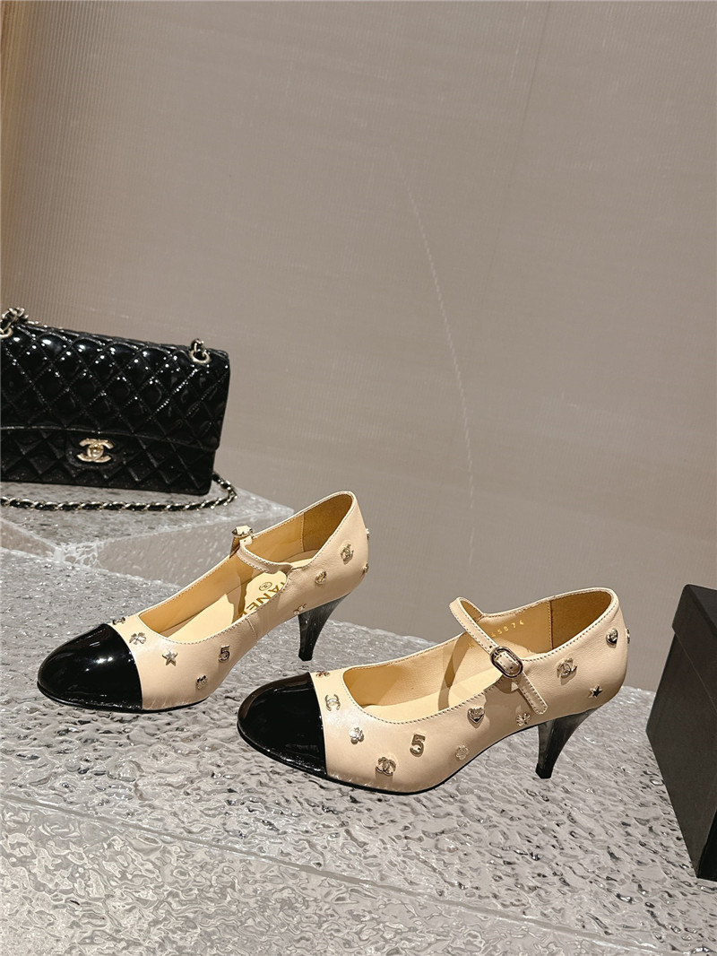 Ch**el embellished mary janes pumps in nude/ black leather