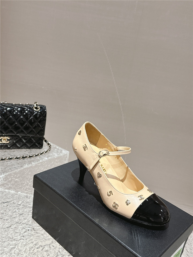 Ch**el embellished mary janes pumps in nude/ black leather