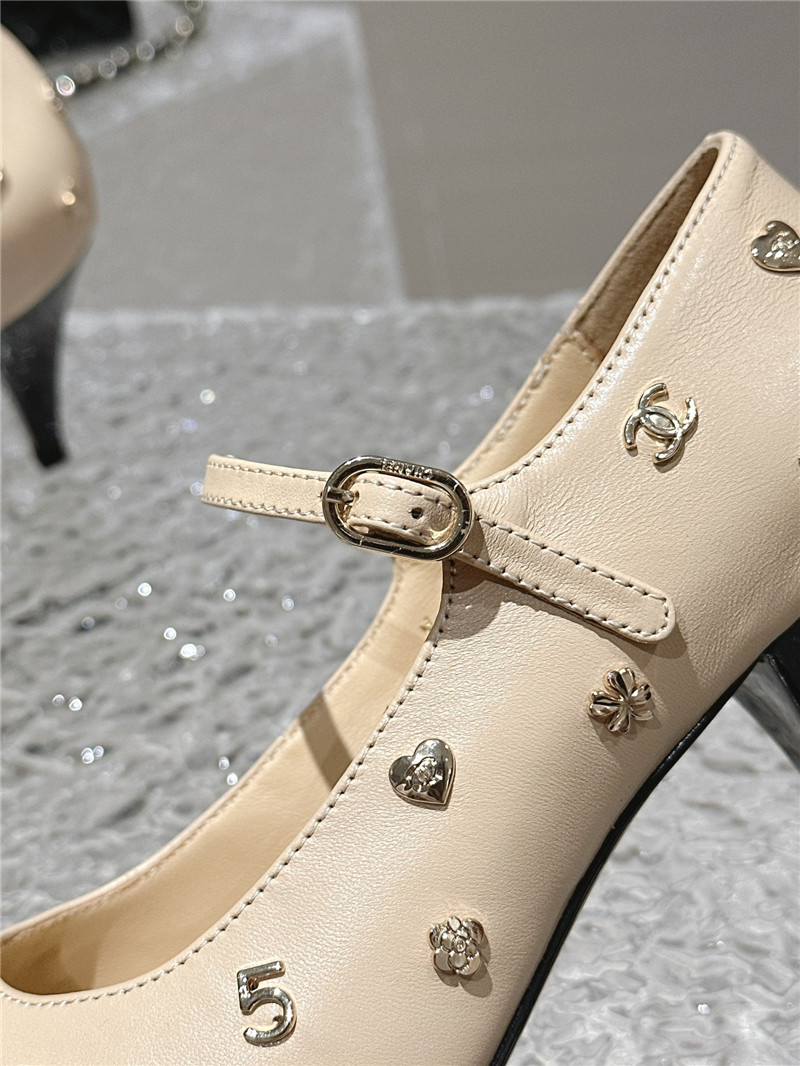 Ch**el embellished mary janes pumps in nude/ black leather