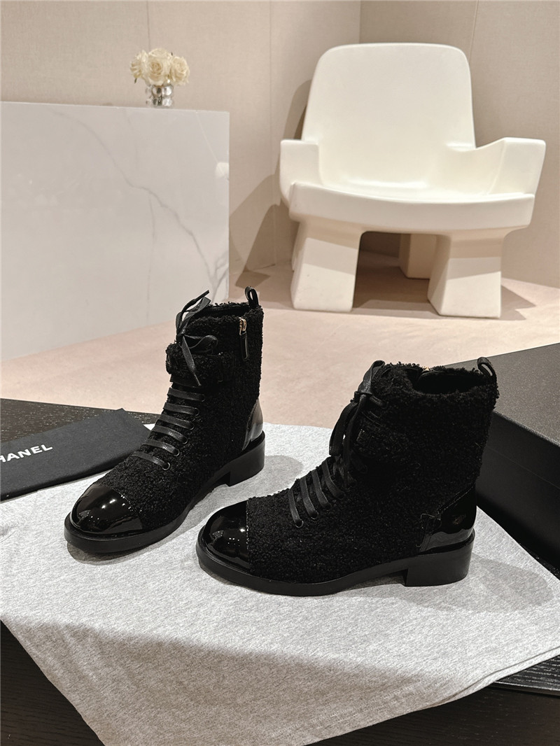 Ch**el patent leather black wool lace-up boot
