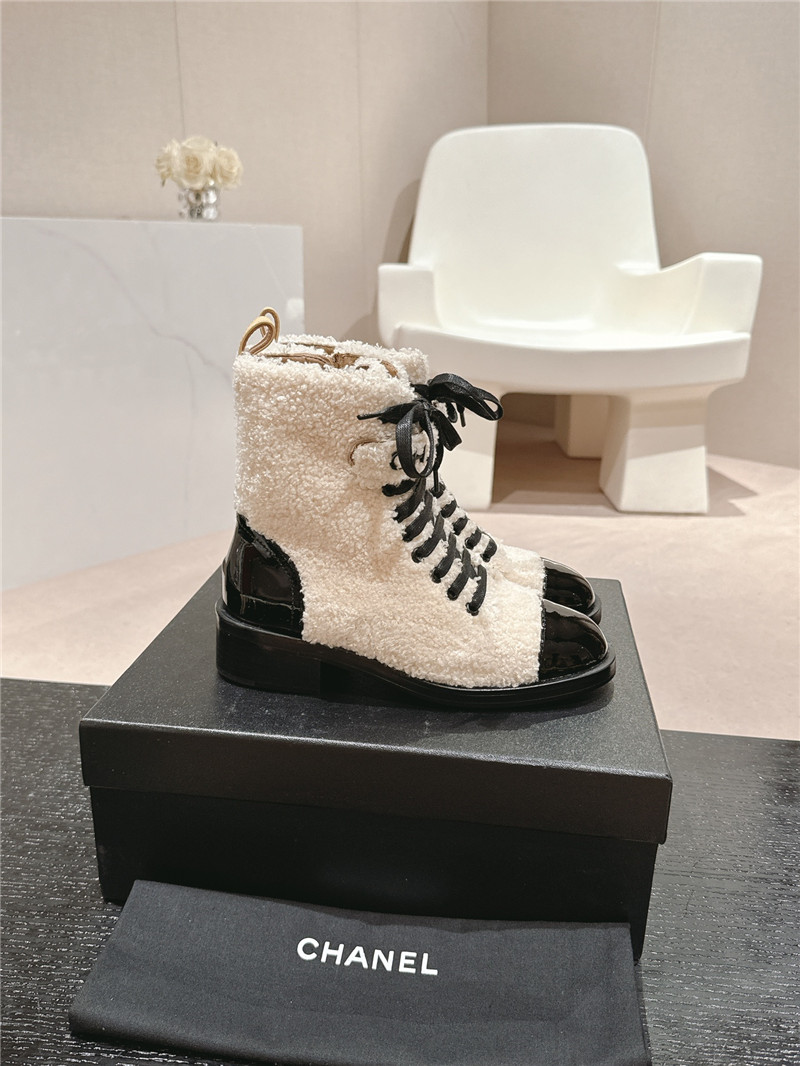 Ch**el patent leather wool lace-up boot for women