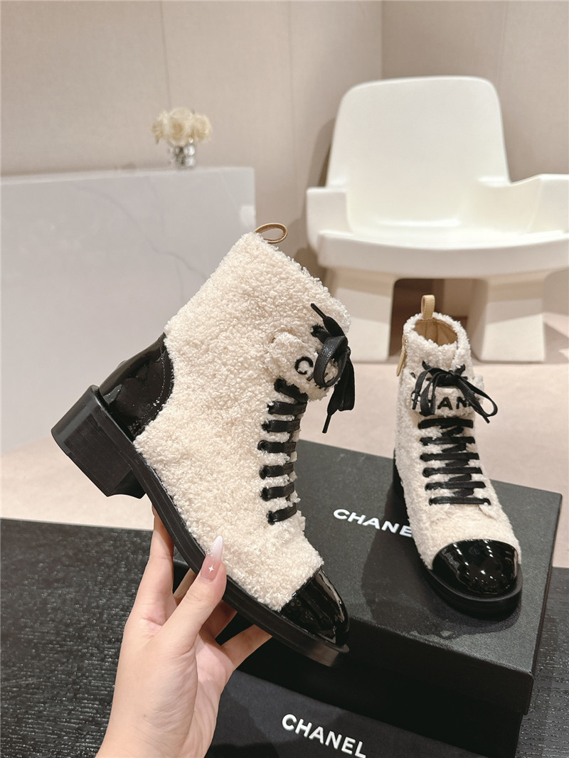 Ch**el patent leather wool lace-up boot for women