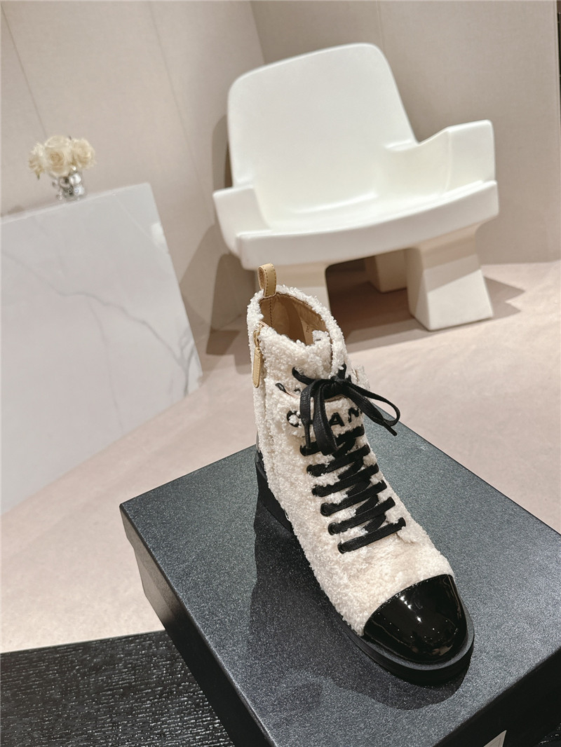 Ch**el patent leather wool lace-up boot for women