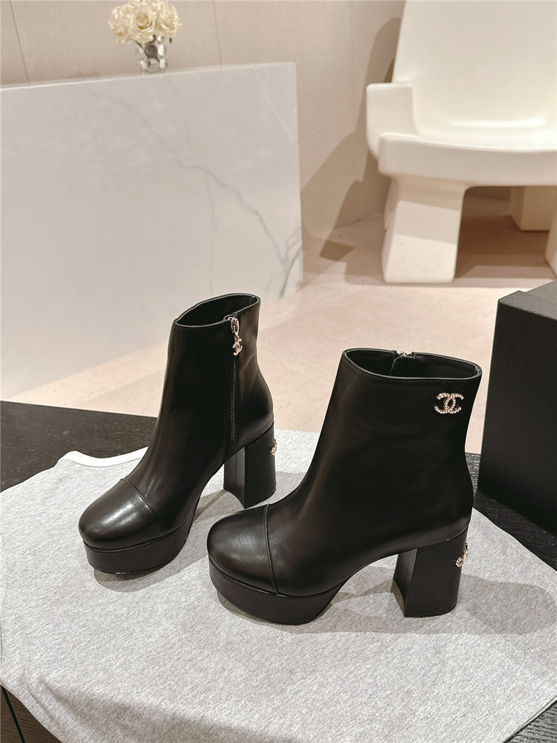Ch**el platform calfskin block heel ankle boots for women