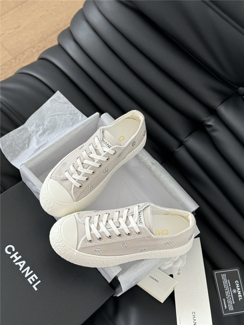 Ch**el beige lace-up low top canvas sneakers