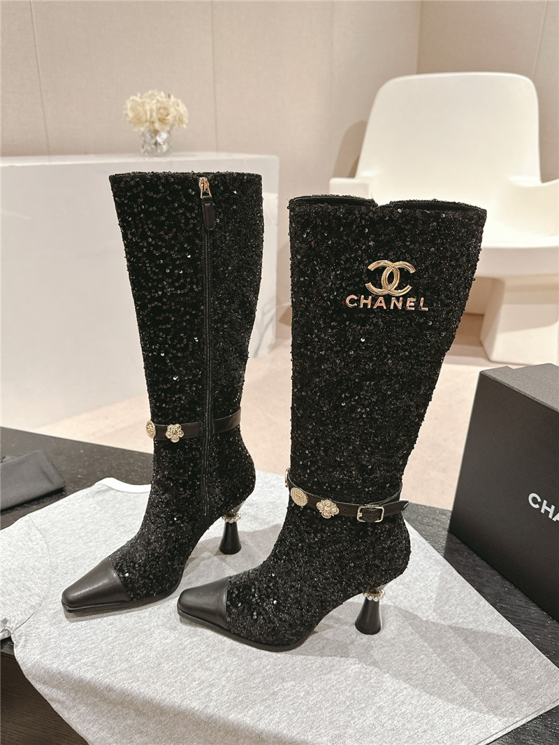 Ch**el sequin calfskin over-the-knee heel boots