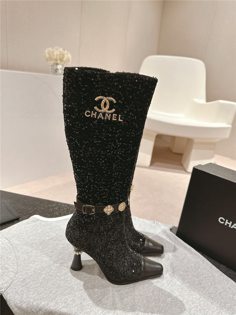 Ch**el sequin calfskin over-the-knee heel boots
