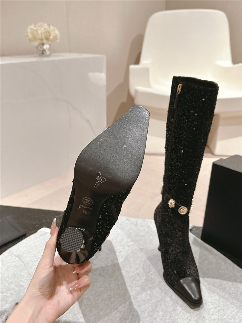 Ch**el sequin calfskin over-the-knee heel boots
