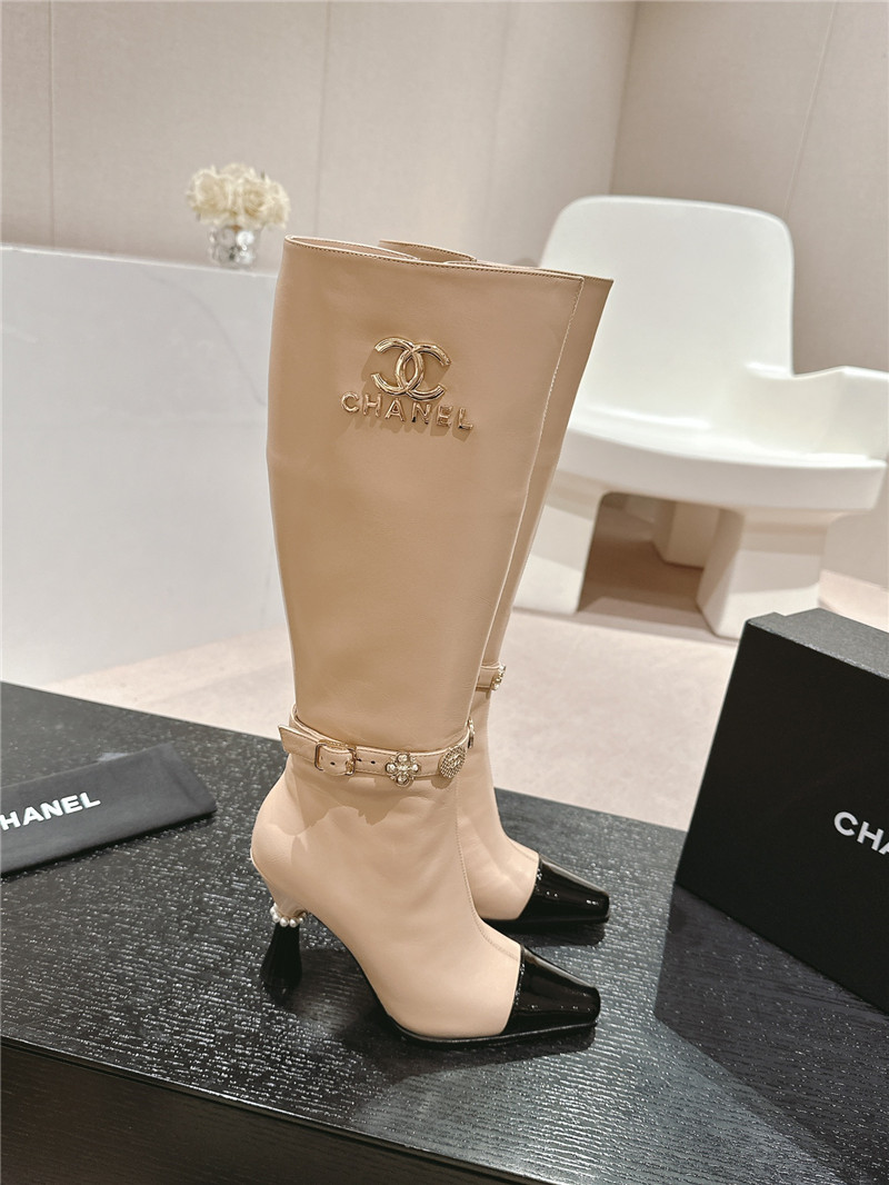 Ch**el beige calfskin over-the-knee heel boots