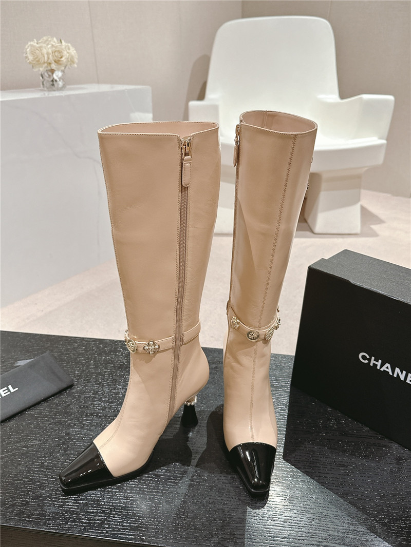 Ch**el beige calfskin over-the-knee heel boots