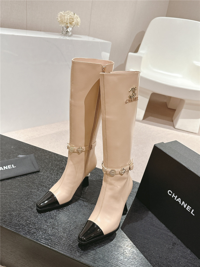 Ch**el beige calfskin over-the-knee heel boots