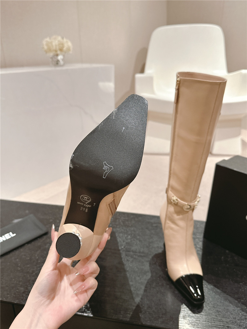 Ch**el beige calfskin over-the-knee heel boots