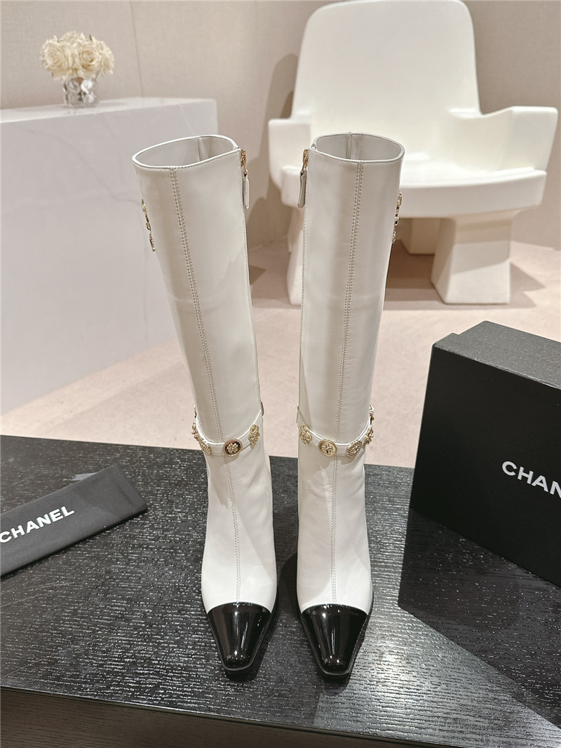 Ch**el white calfskin over-the-knee heel boots