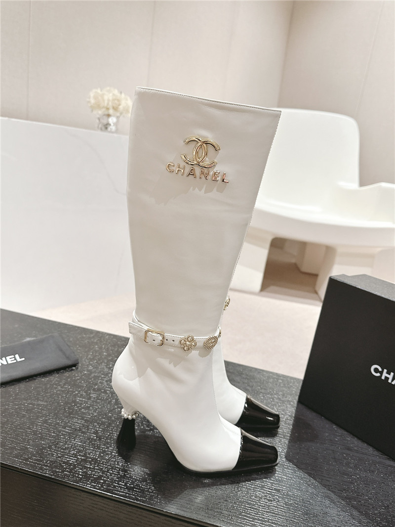 Ch**el white calfskin over-the-knee heel boots