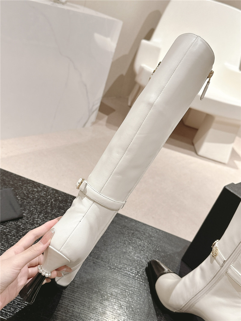 Ch**el white calfskin over-the-knee heel boots