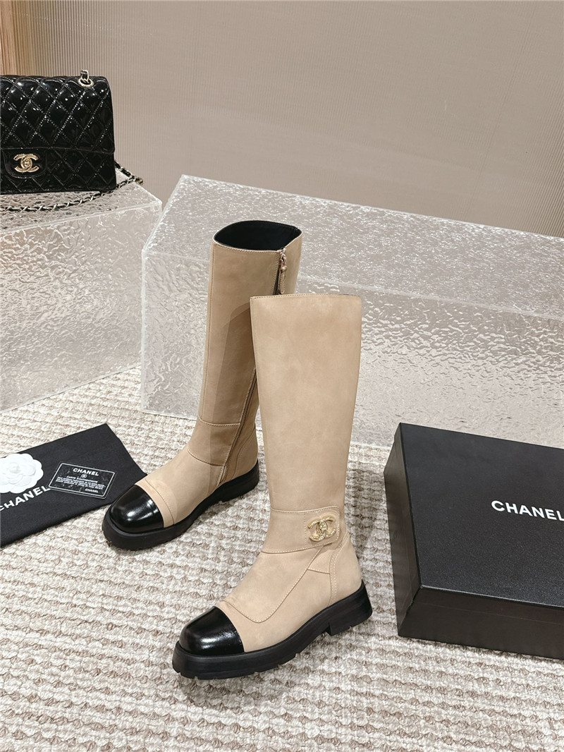Ch**el beige suede patent leather knee-high boots
