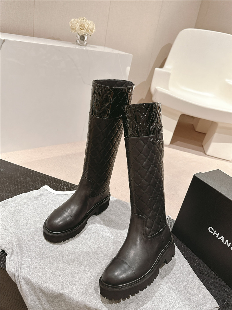 Ch**el logo black quilted knee-high boots
