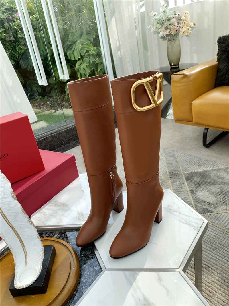 Va1e*ntin0 brown calfskin vlogo knee high boots