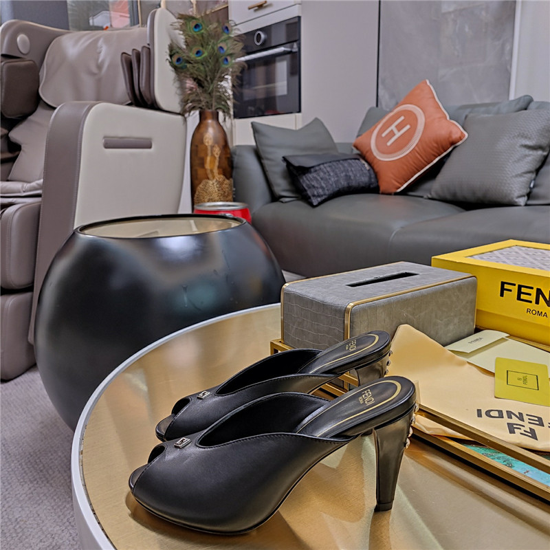 F**di black peep toe heeled mules