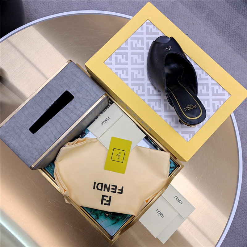 F**di black peep toe heeled mules