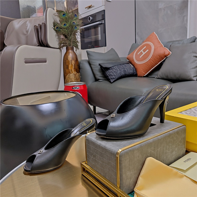 F**di black peep toe heeled mules