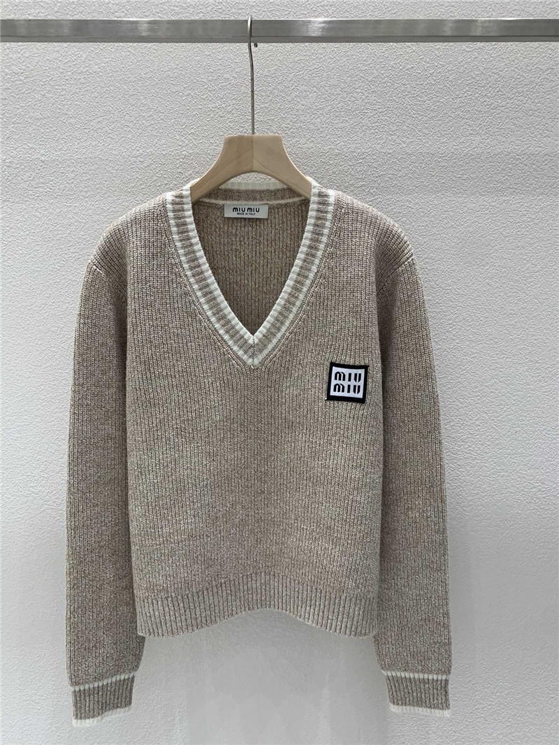 Miu Miu Trim V-Neck Rib Knit Sweater Taupe