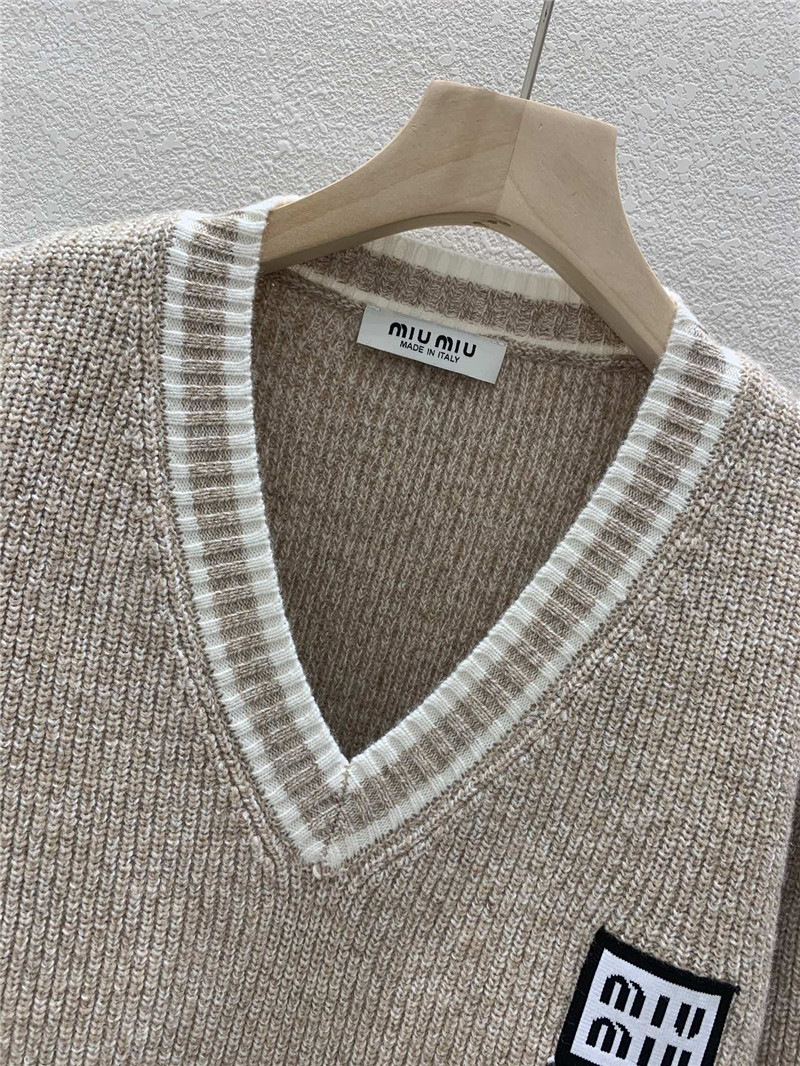 Miu Miu Trim V-Neck Rib Knit Sweater Taupe