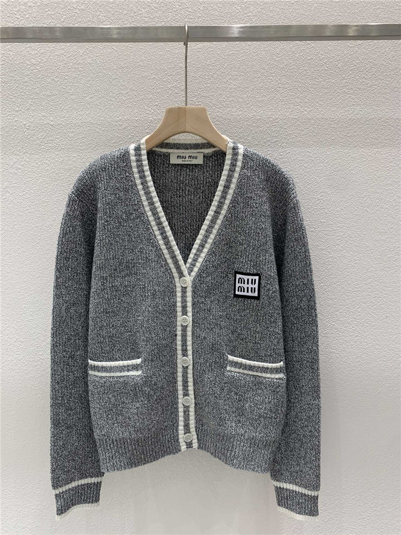 Miu Miu Trim V-Neck Rib Knit Cardigan Grey