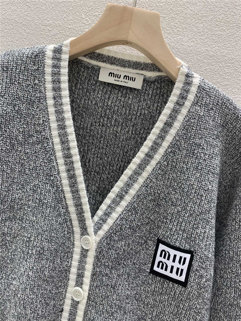 Miu Miu Trim V-Neck Rib Knit Cardigan Grey