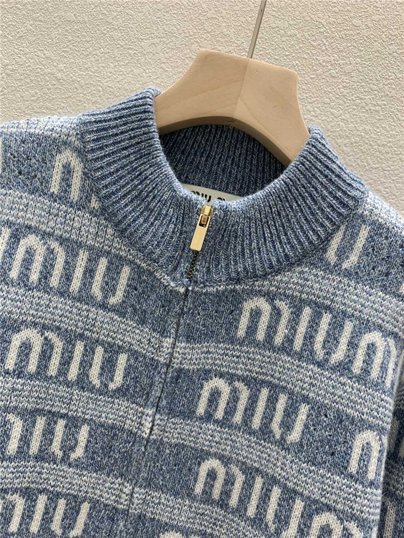 Miu Miu Logo-Intarsia Zip-Up Cardigan in Blue