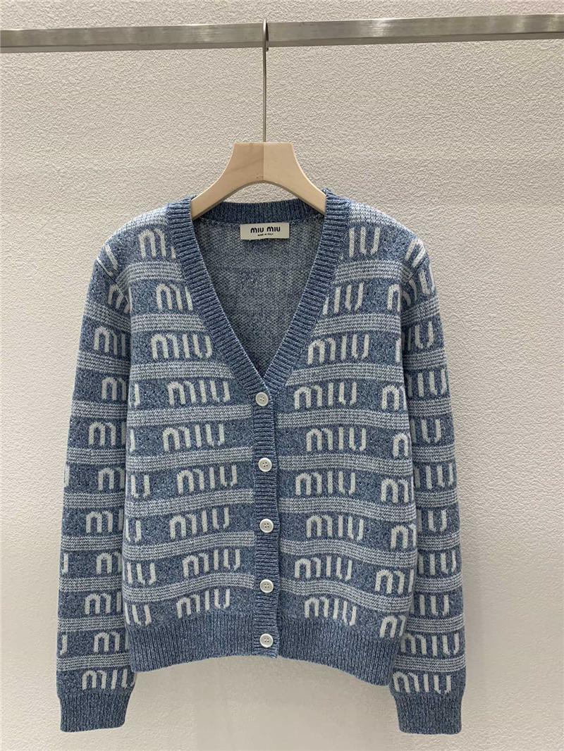 Miu Miu Logo-Intarsia Wool Cardigan in Blue