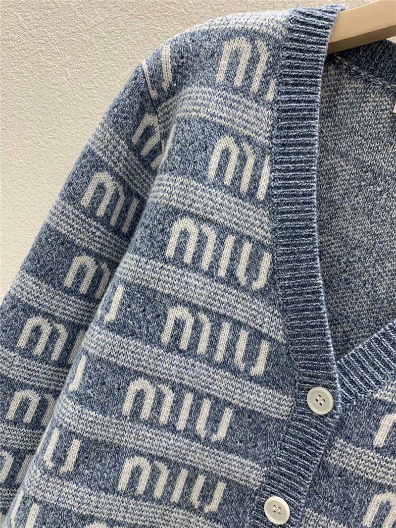 Miu Miu Logo-Intarsia Wool Cardigan in Blue