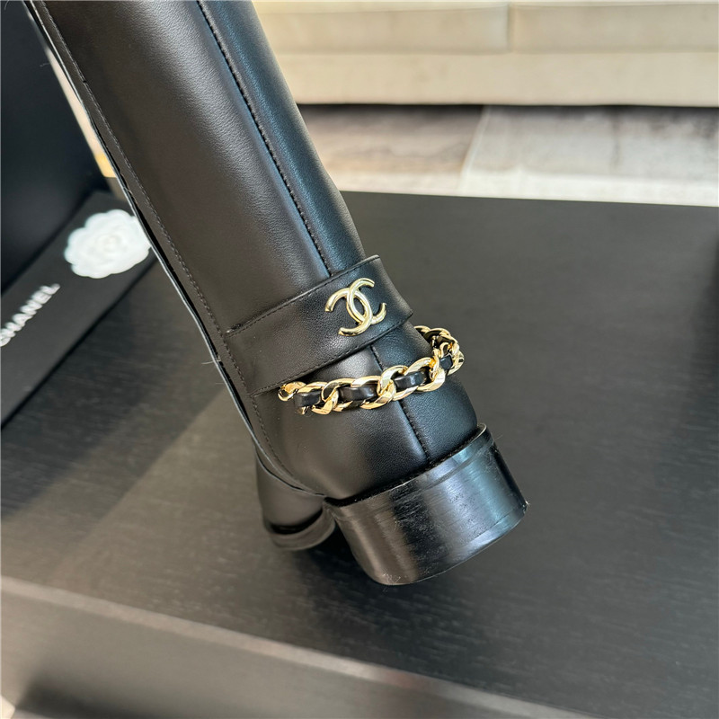 Ch**el calfskin metal chain knee high boots