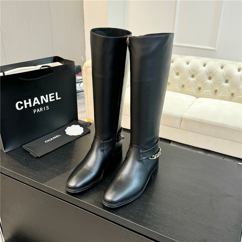 Ch**el calfskin metal chain knee high boots