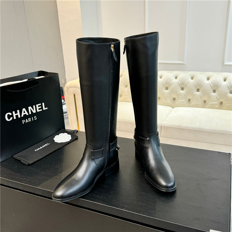Ch**el calfskin metal chain knee high boots